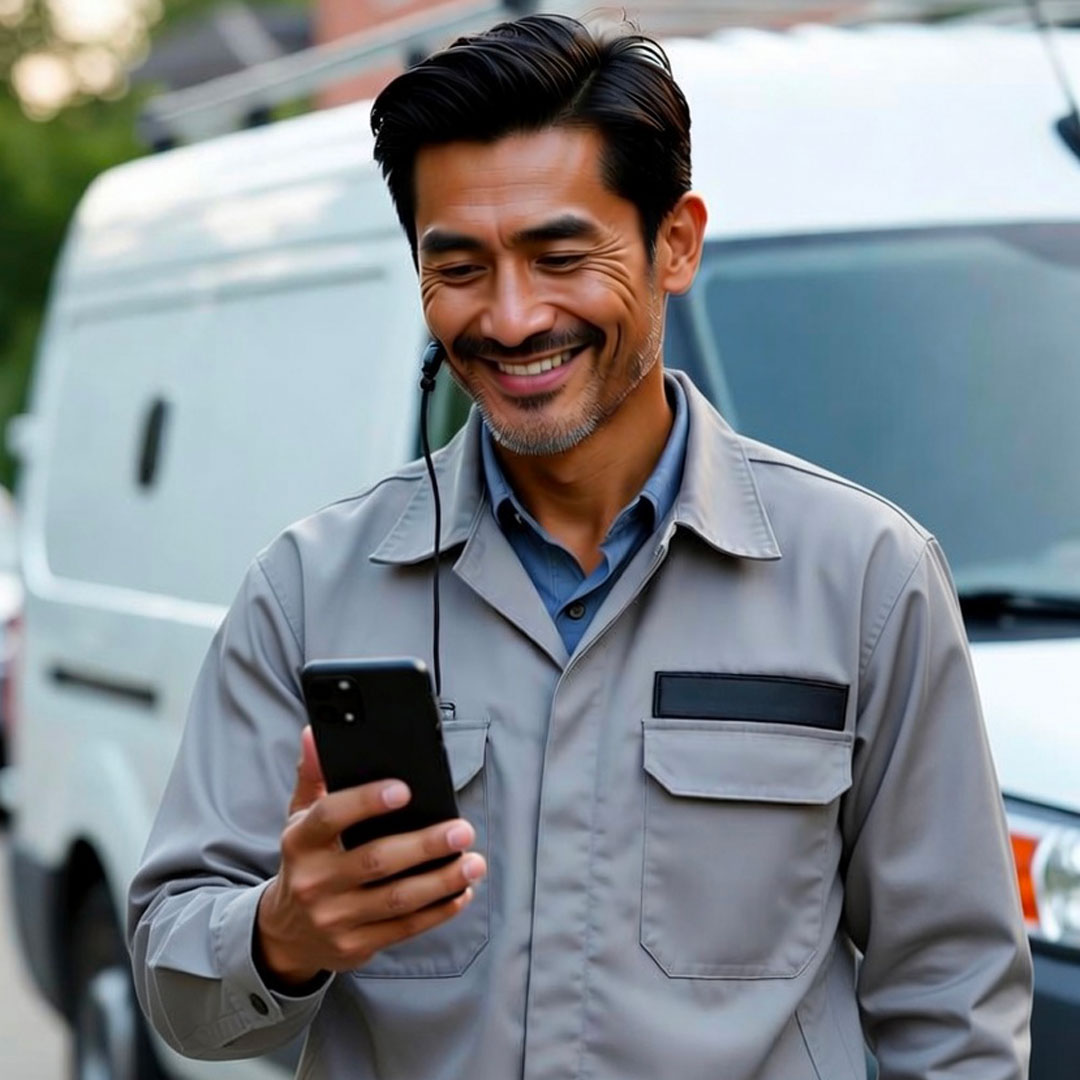 Home service marketing in action — a smiling technician checking his phone for new calls by his work van