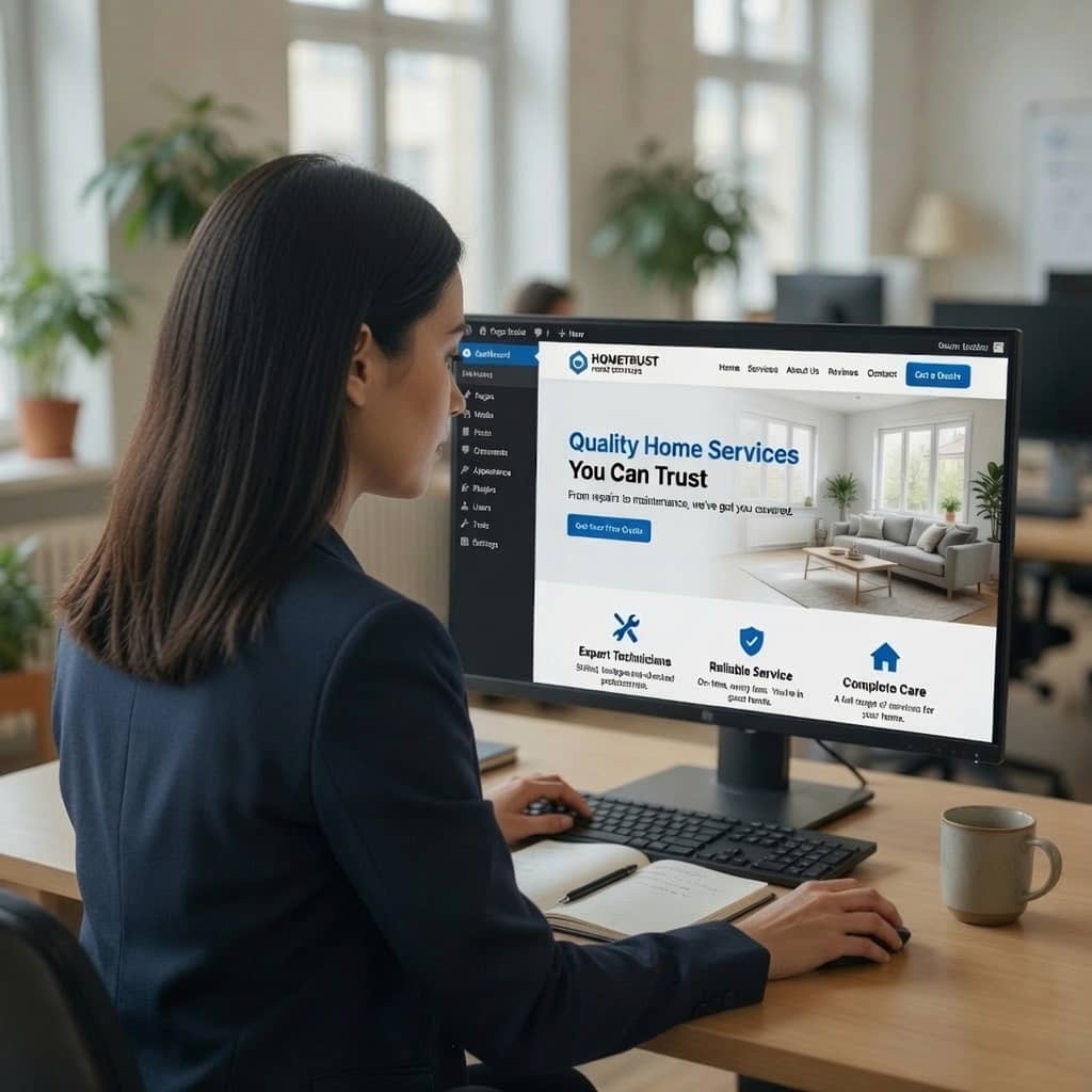 Marketing specialist reviewing a home service website build on a desktop monitor