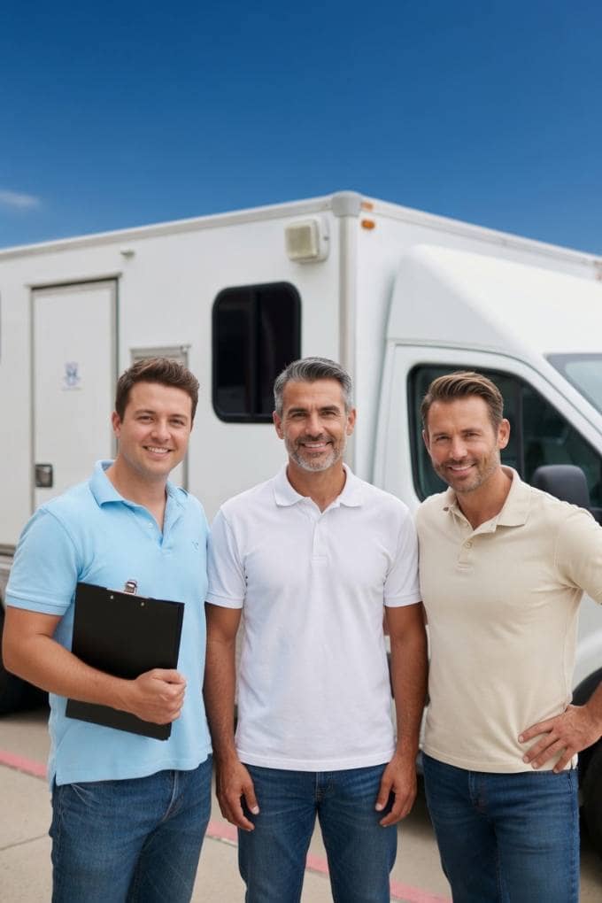 Three home service technicians of different ages in blue, white and cream shirts in front of their service van