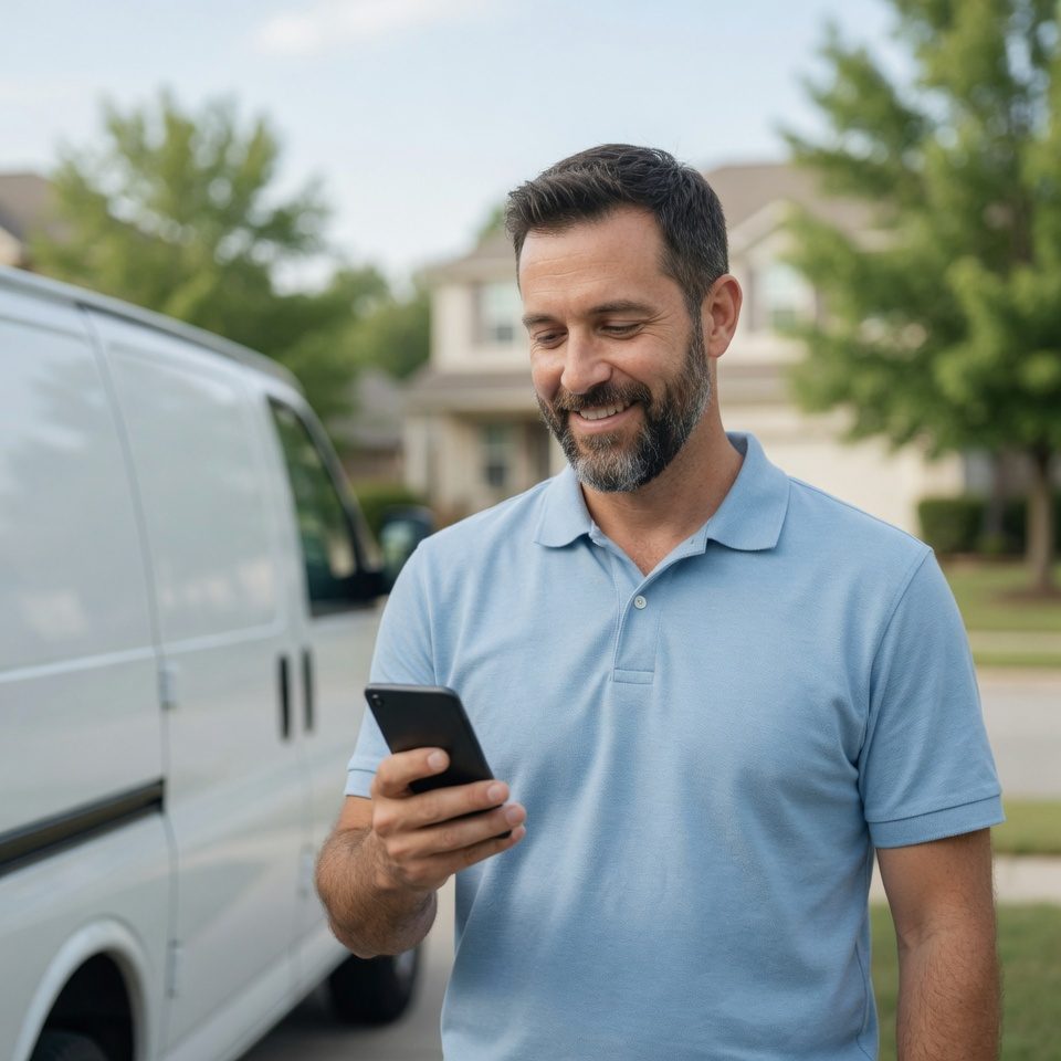 Home service marketing in action — a smiling technician checking his phone for new calls by his work van