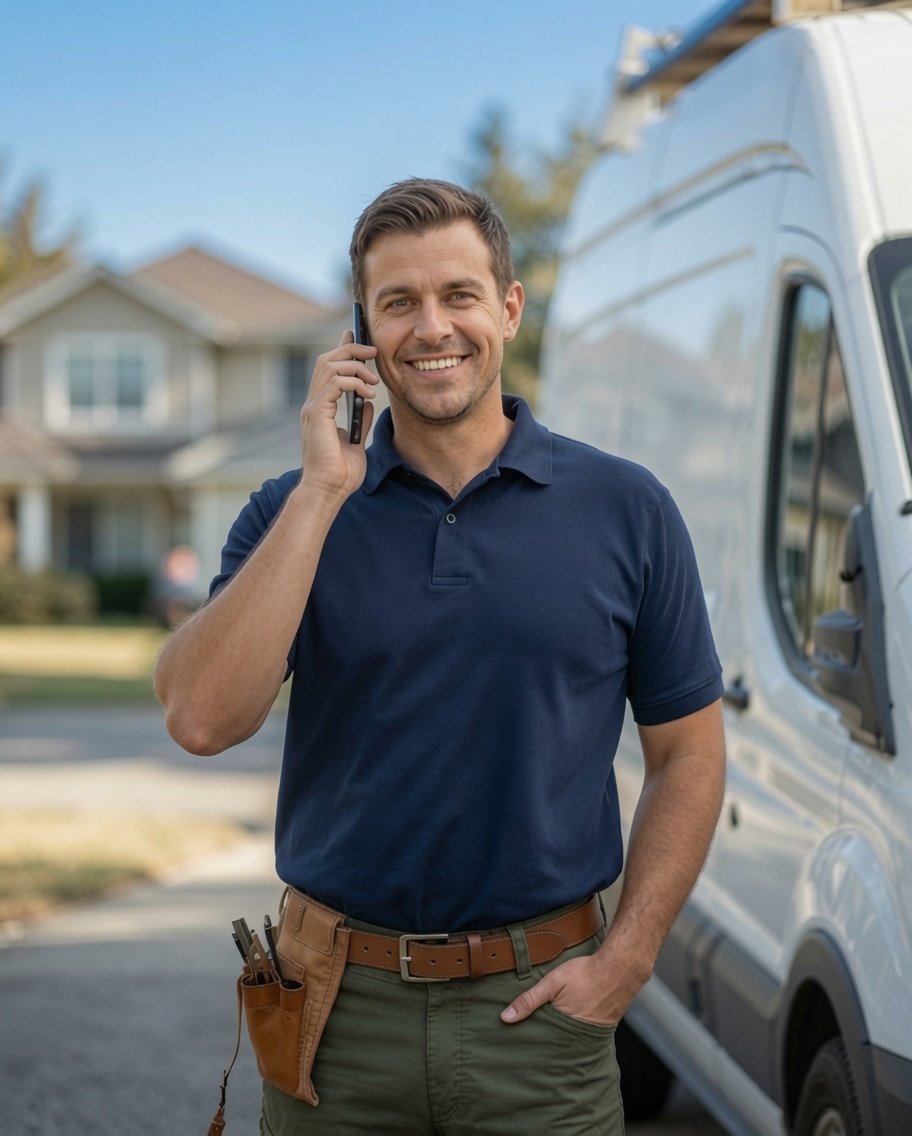 Home service technician taking a customer call beside his work van outside a house