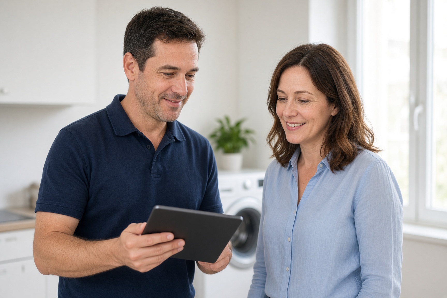 Technician showing appliance repair marketing results on a tablet to a smiling homeowner