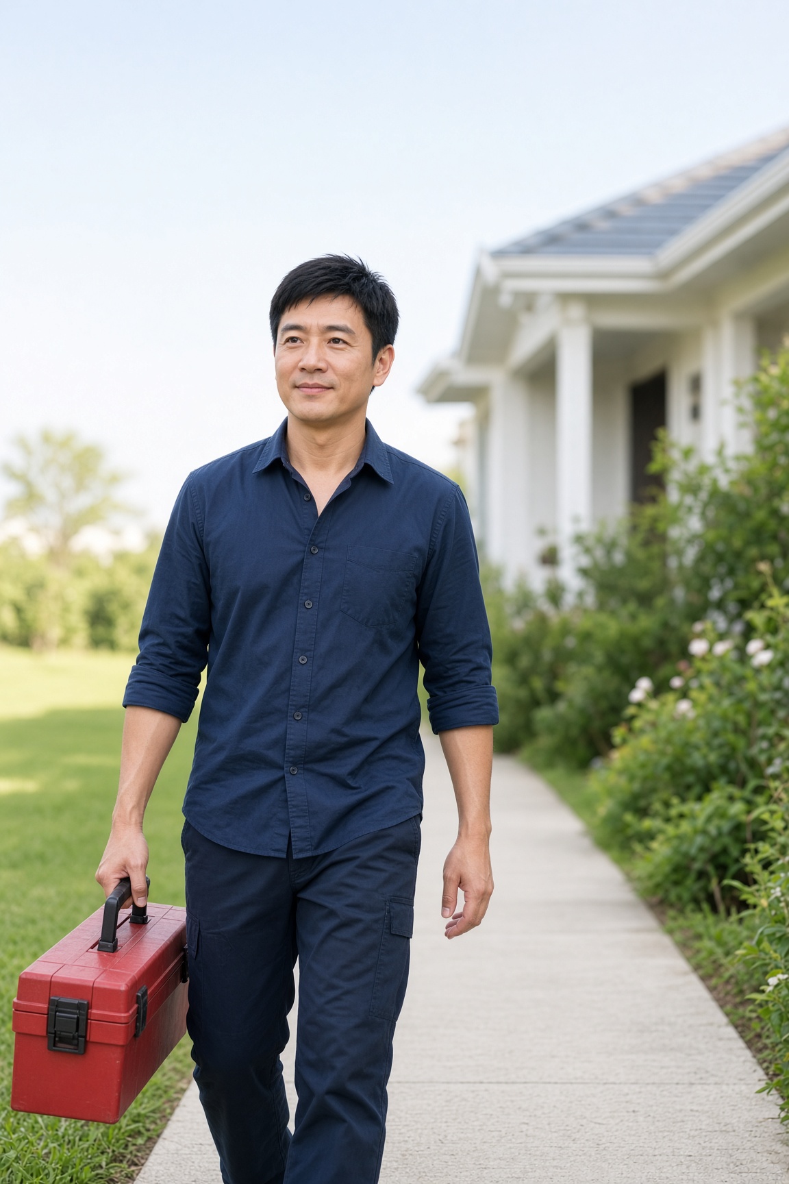 Appliance repair technician arriving at a customer home with his toolbox