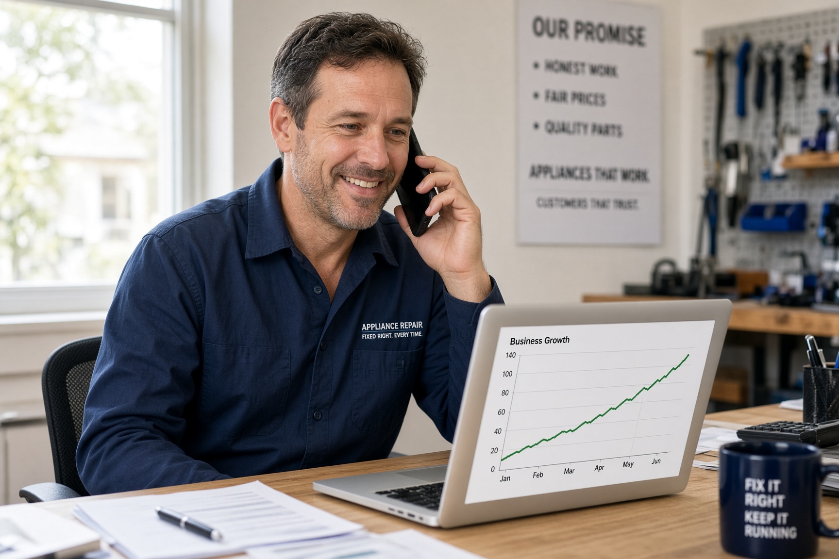 Smiling appliance repair shop owner answering a phone call at his desk while his laptop shows a rising service-calls chart