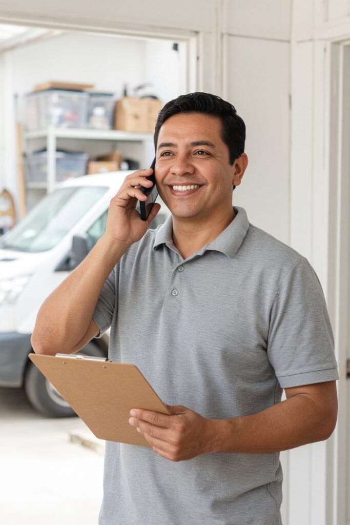 Smiling home service business owner taking a phone call in his shop doorway with a clipboard