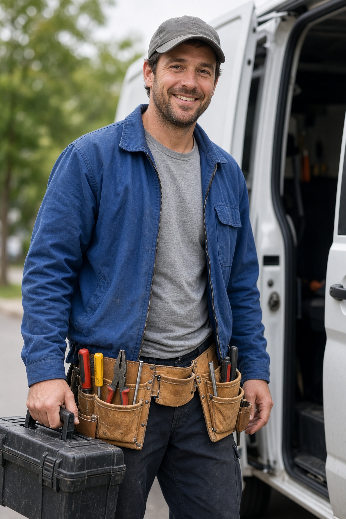 Friendly home service handyman in a blue work jacket and tool belt smiling beside his work van with a toolbox