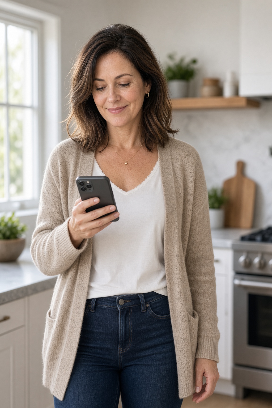 Homeowner in her kitchen reading an AI search recommendation for a local repair company on her phone