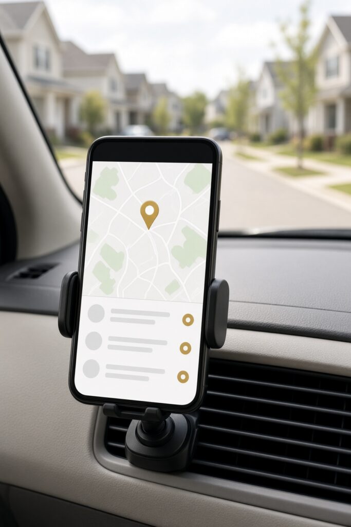 Phone in a dashboard mount showing a map route