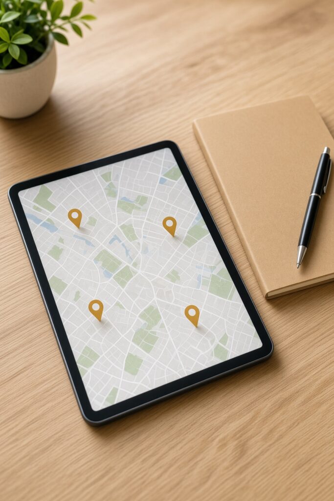 Tablet on a desk showing a city map with location pins