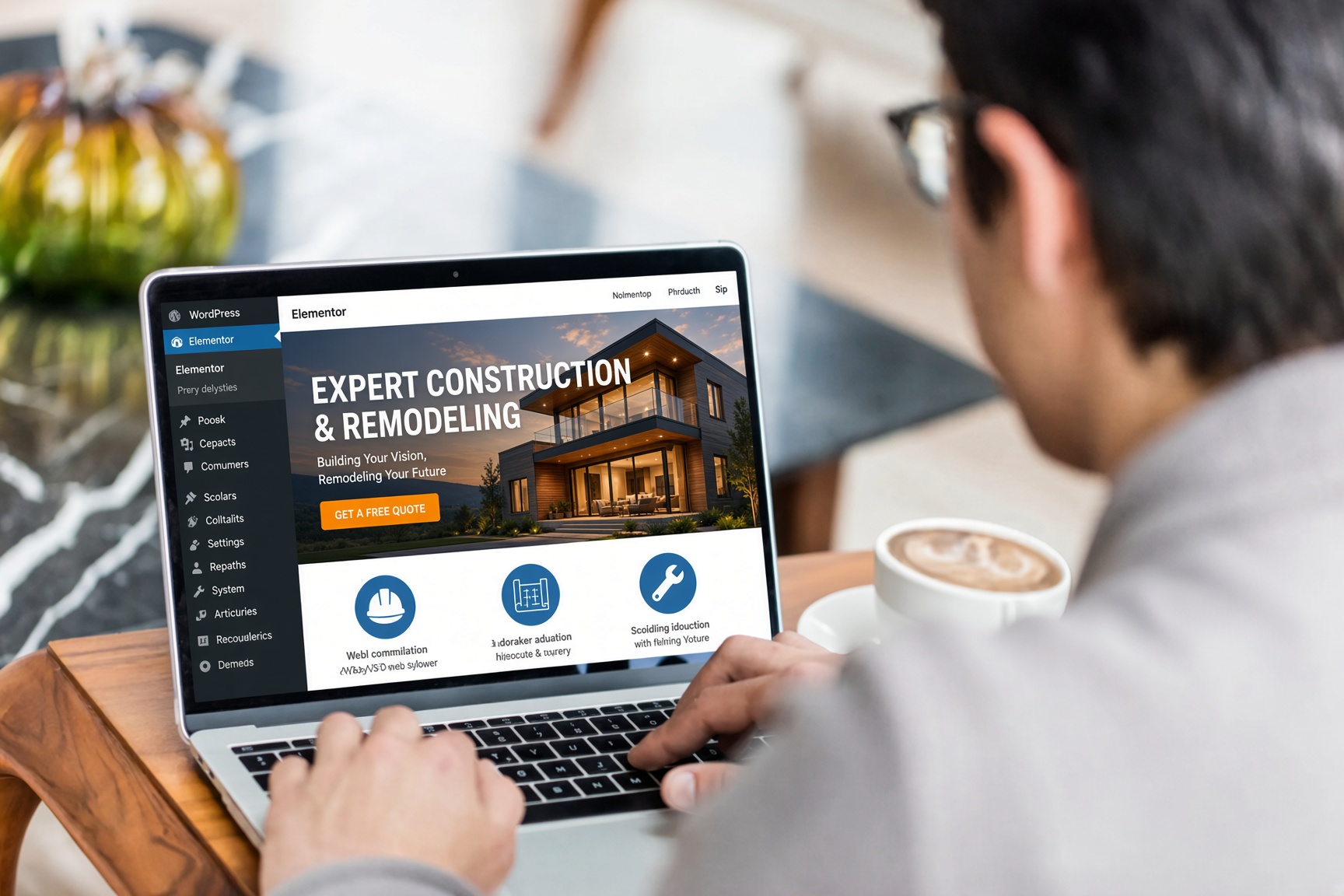 Web designer building a home service company website in WordPress and Elementor on a laptop
