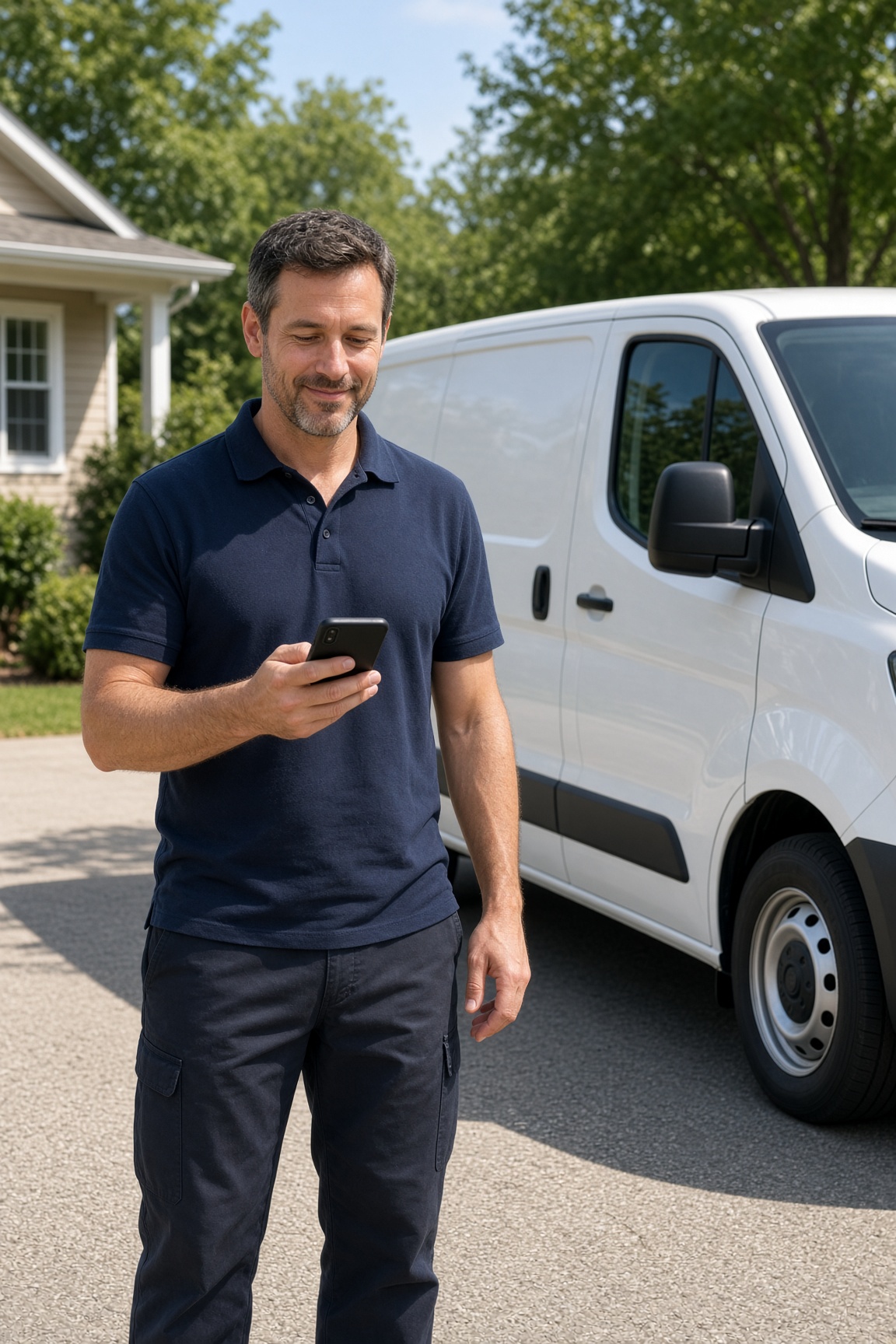 Home service technician beside his work van checking his phone for new customer calls