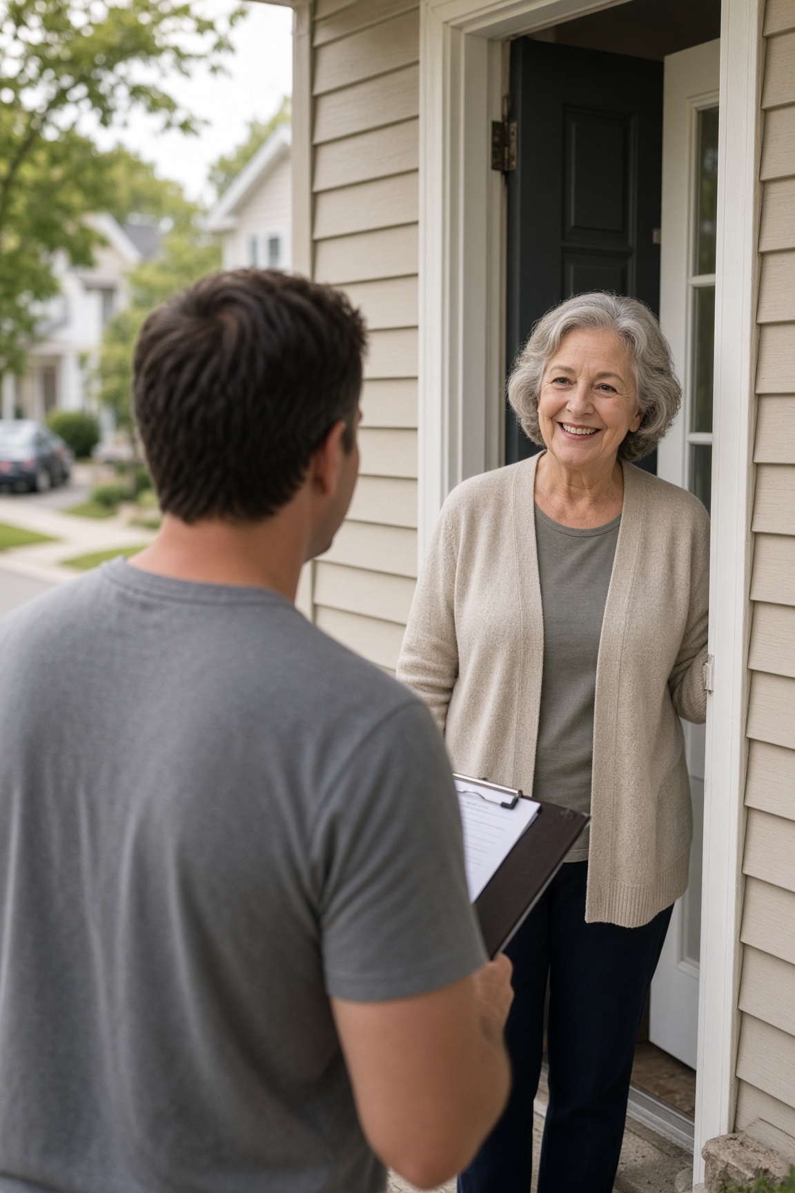 Home service technician seen from behind talking with a smiling homeowner at her front door