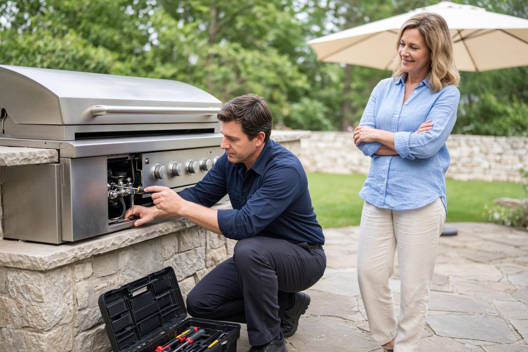 Grill repair technician fixing a built-in gas grill while the homeowner watches