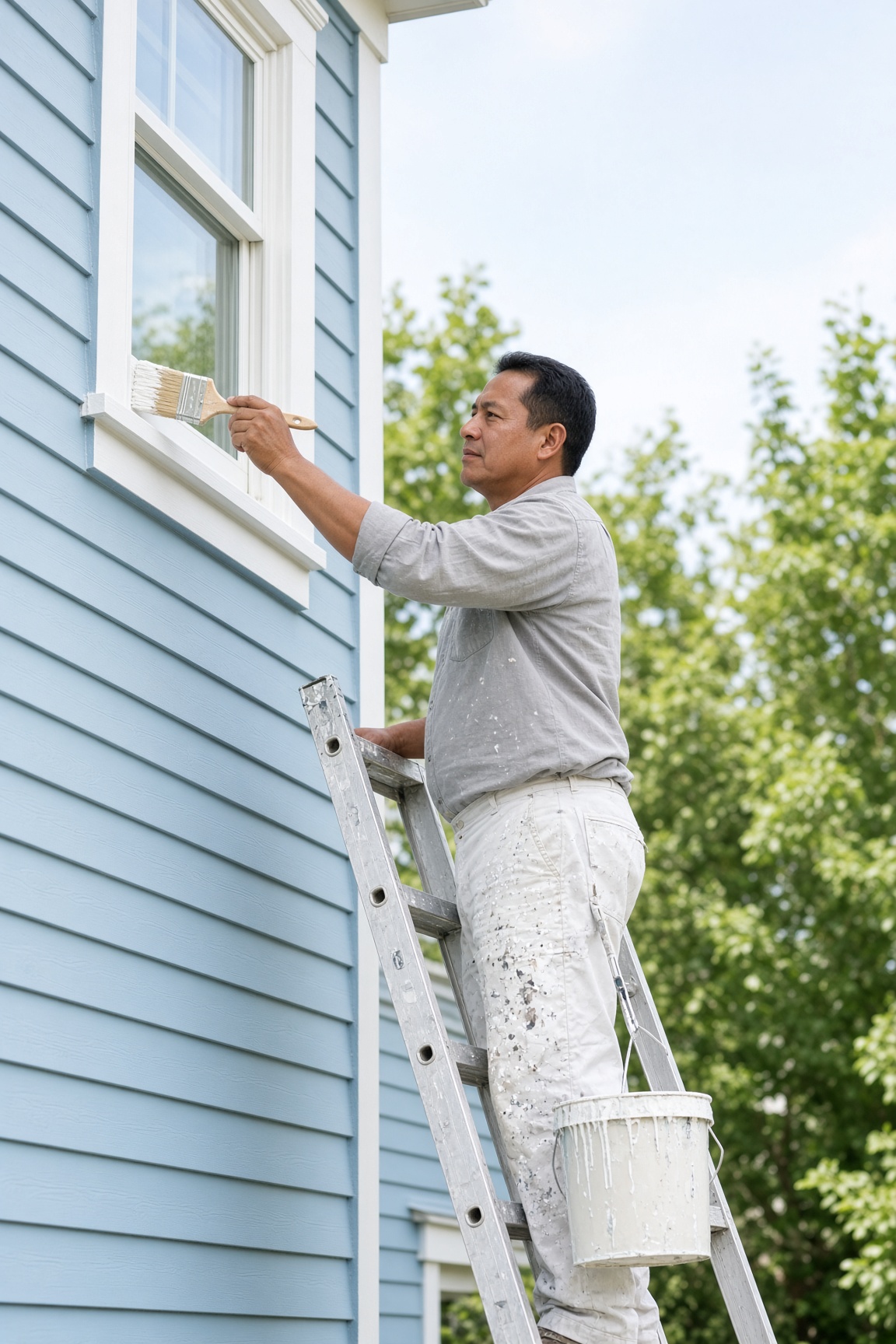 Painter on a ladder brushing white paint onto exterior window trim