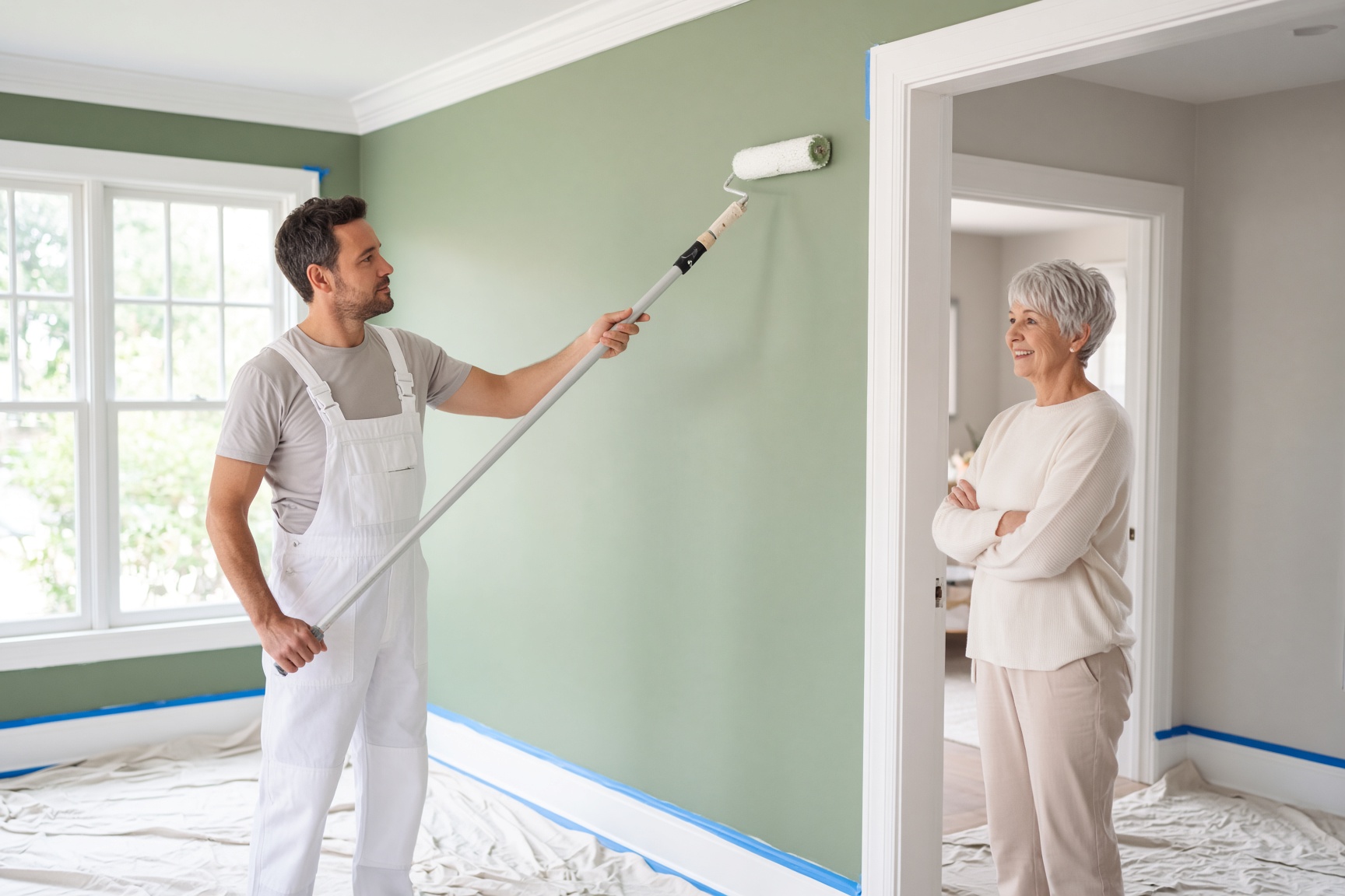 House painter rolling sage green paint on a living room wall while the homeowner watches