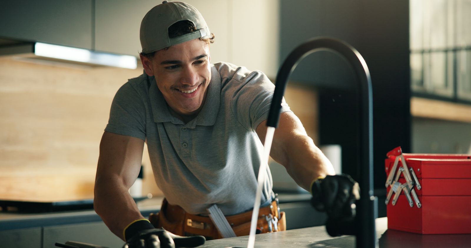 Smiling plumber working at a kitchen faucet