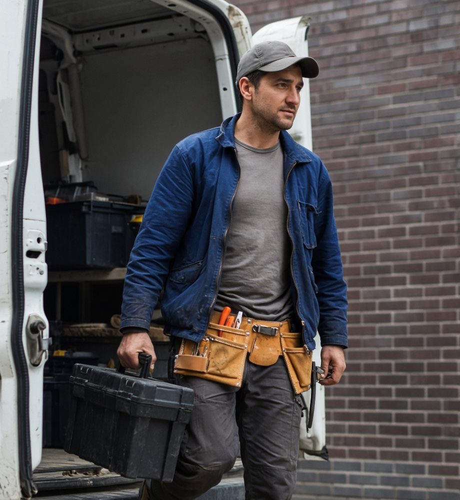 Home service technician carrying a toolbox from his work van to a booked job